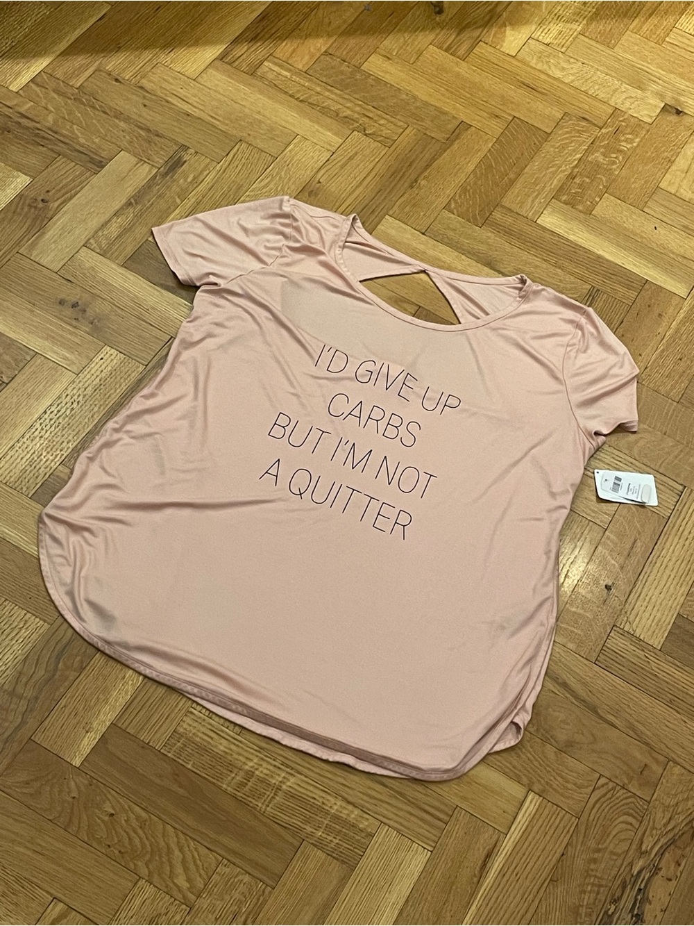 NWT~SOMA~Open Back Modal Tunic Tee “I’M NOT A QUITTER” in Rose Blush